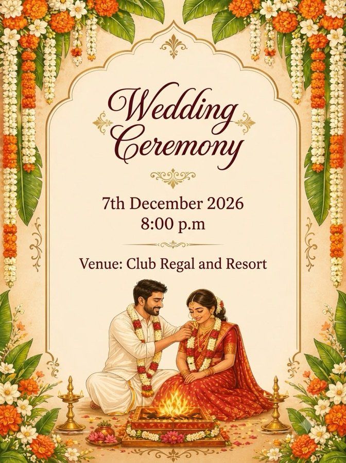 Wedding ceremony: 7th December 2026, 8:00 PM, at Club Regal and Resort